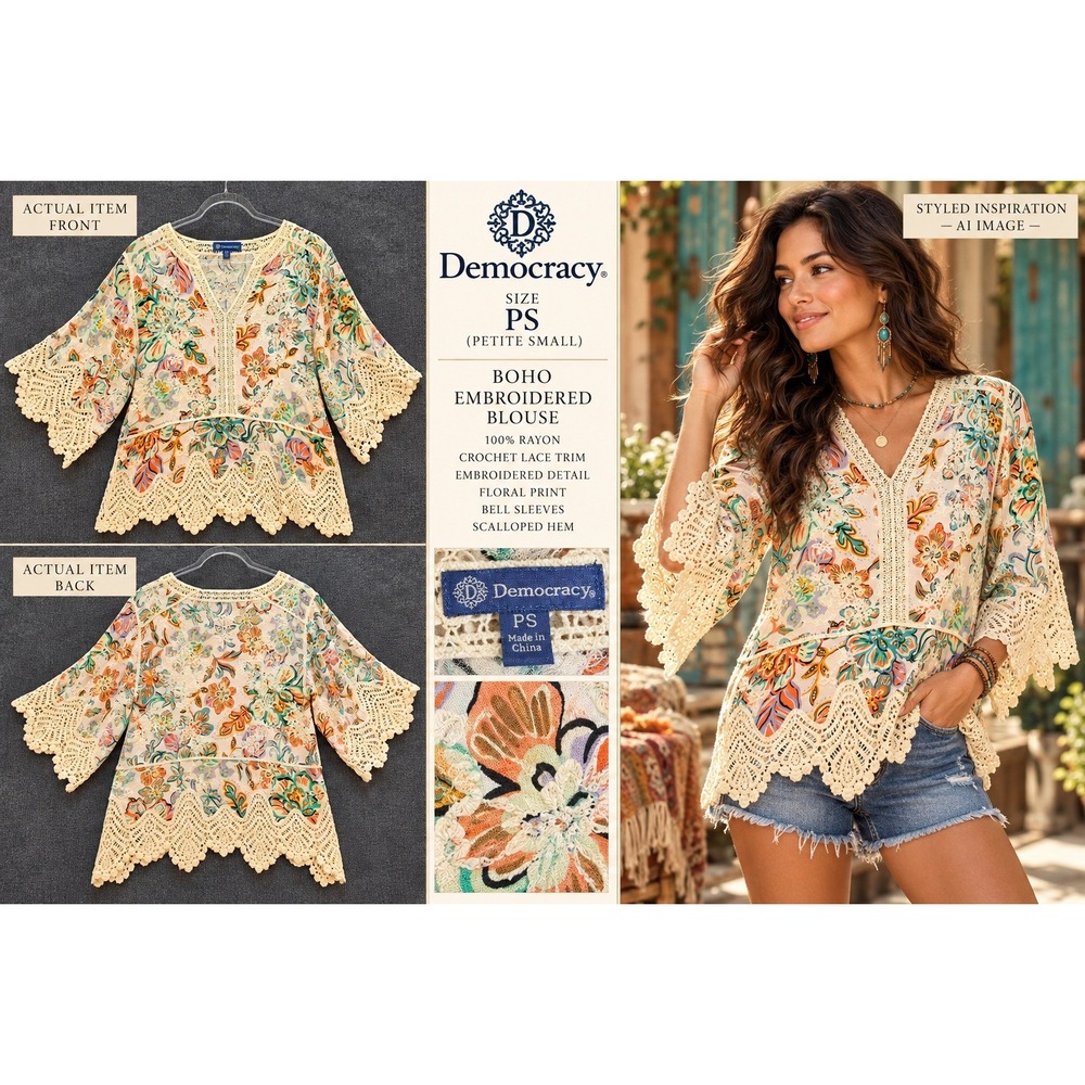 Democracy Boho Embroidered Blouse Womens Floral Crochet Lace Cream PS Excellent